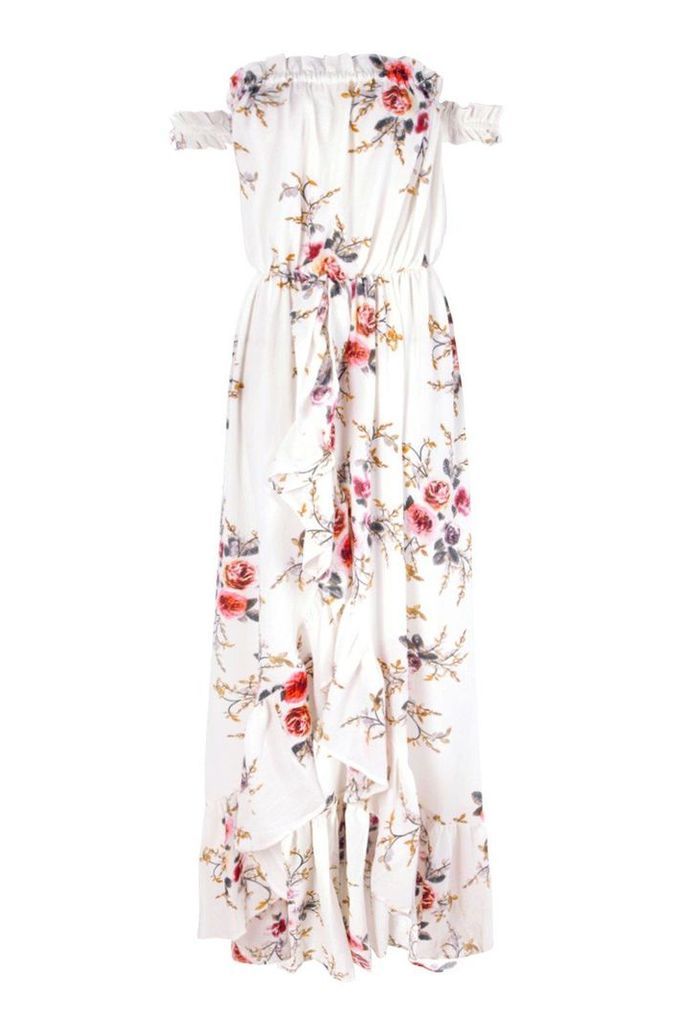 Womens Floral Off Shoulder Ruffle Wrap Maxi Dress - Multi - 16, Multi