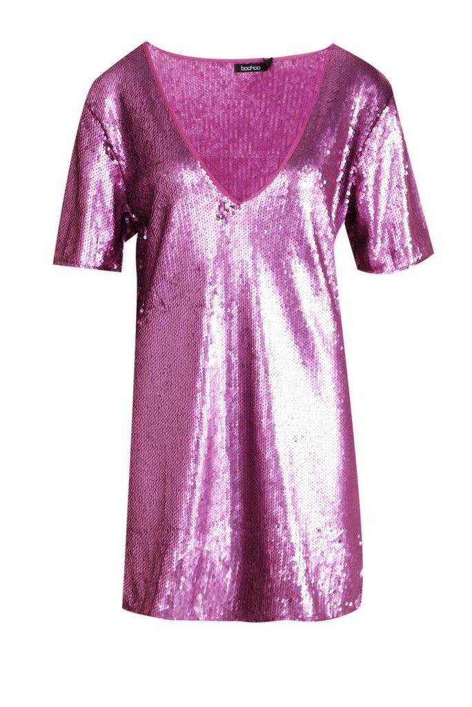 Womens Plunge Front All Over Sequin Shift Dress - purple - 12, Purple