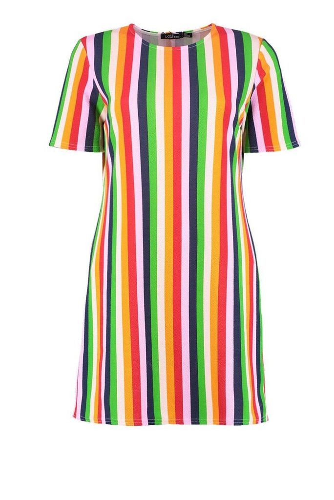 Womens Rainbow Stripe Short Sleeve Shift Dress - Green - 6, Green