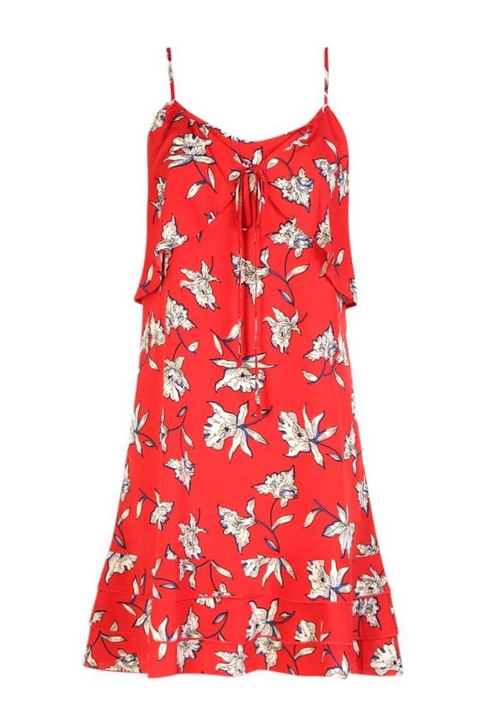Womens Floral Asymmetric Ruffle Strappy Shift Dress - red - 10, Red