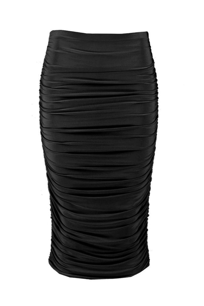 Womens All Over Ruched Midi Skirt - Black - 10, Black