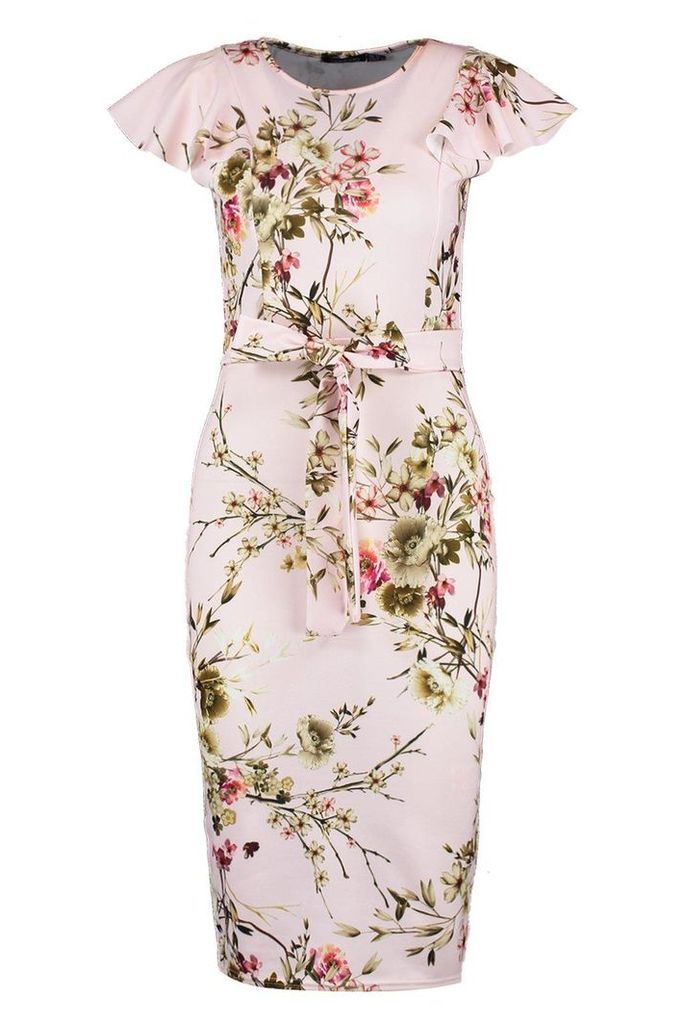 Womens Floral Tie Waist Ruffle Detail Midi Dress - Pink - 12, Pink