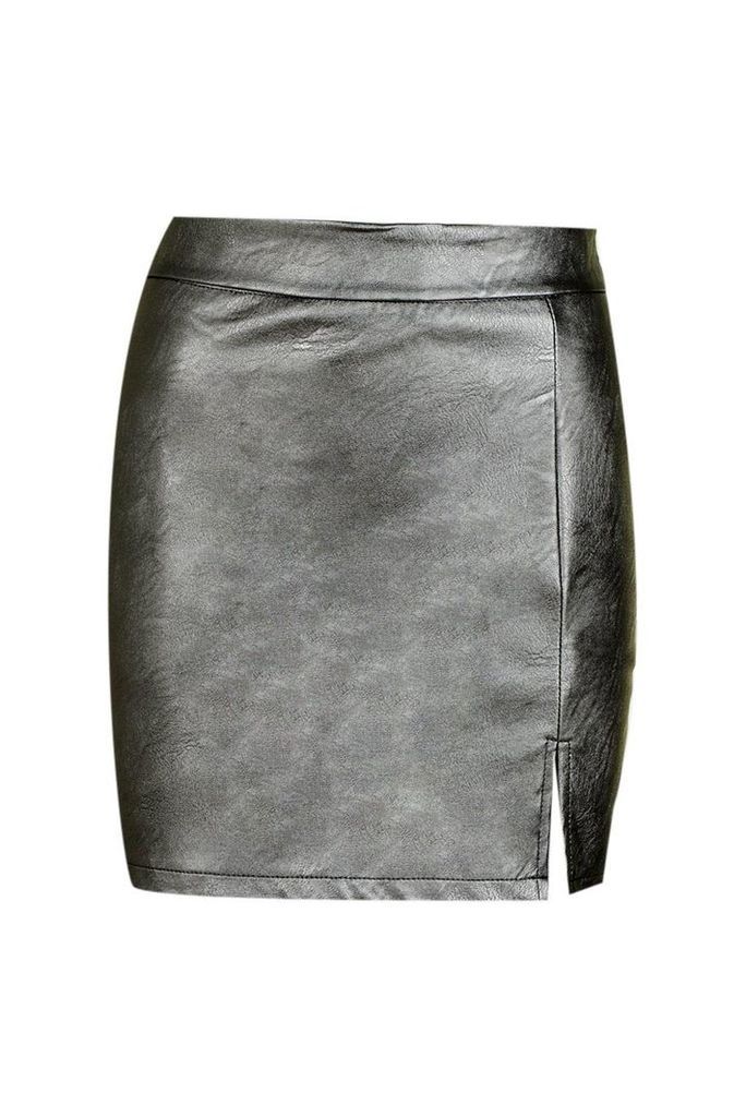 Womens Split Front Leather Look Mini Skirt - Grey - 12, Grey