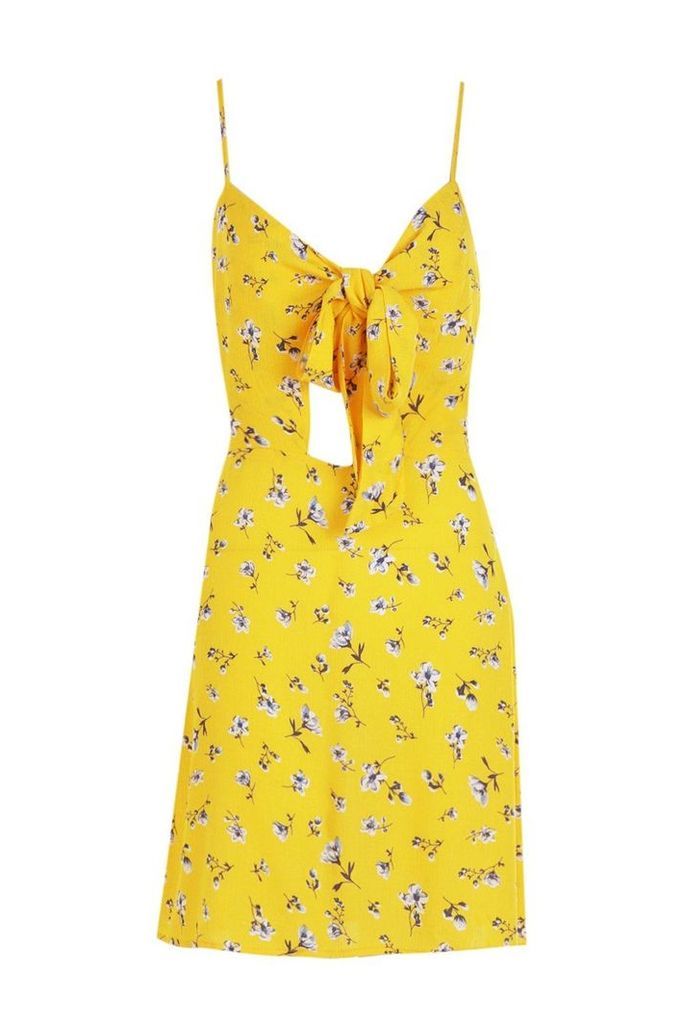 Womens Knot Front Woven Floral Skater Dress - yellow - 12, Yellow