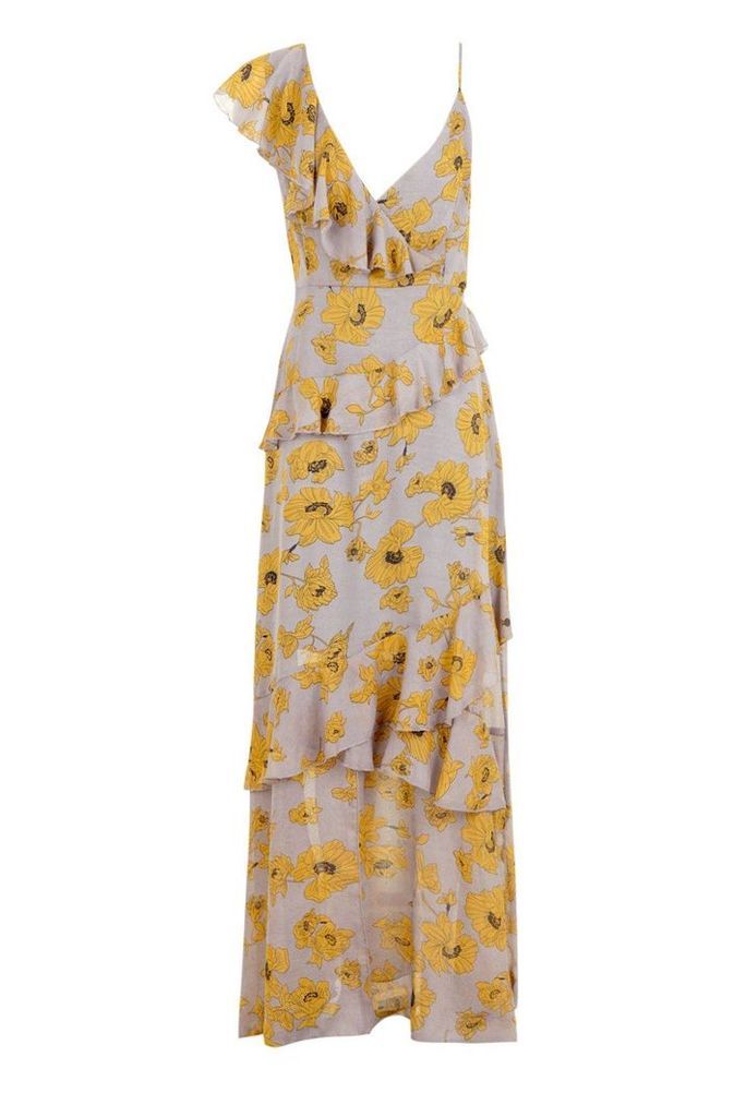 Womens Floral Ruffle Detail Maxi Dress - yellow - 14, Yellow