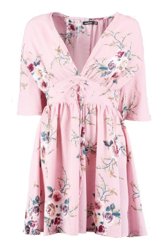 Womens Lace Up Front Angel Sleeve Skater Dress - Pink - 10, Pink