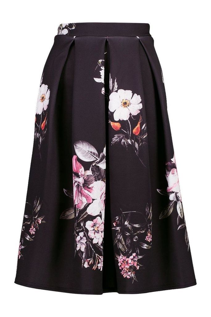 Womens Dark Floral Box Pleat Midi Skirt - black - 6, Black