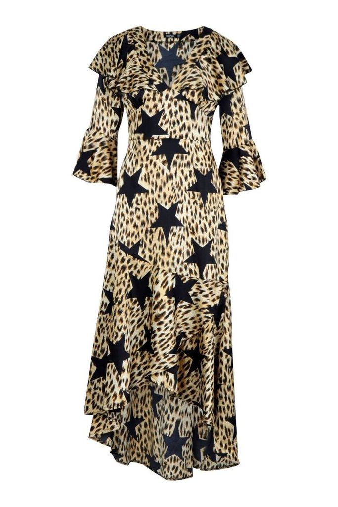 Womens Star Leopard Print Ruffle Hem Maxi Dress - black - 16, Black