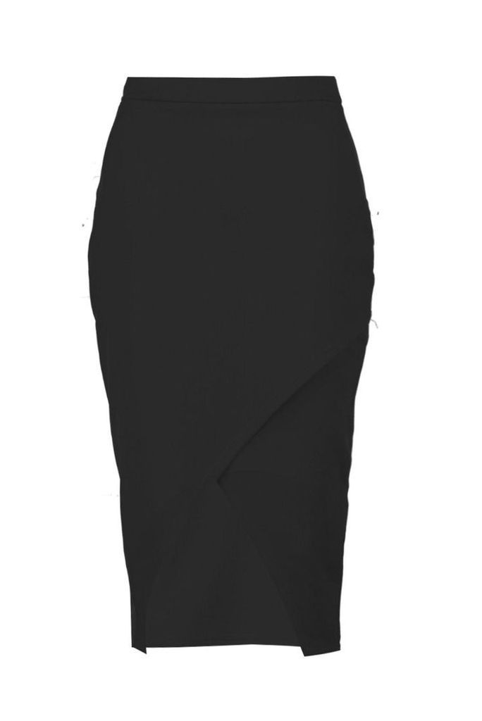 Womens Asymetric Split Front Midi Skirt - Black - 8, Black