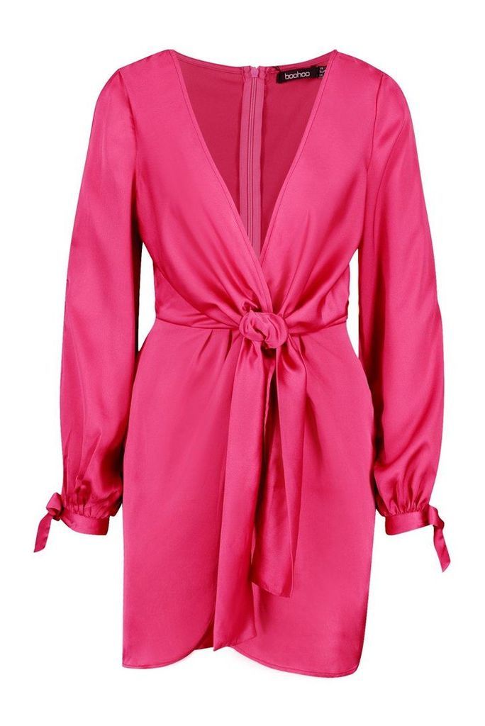 Womens Satin Split Sleeve Twist Front Dress - pink - 6, Pink