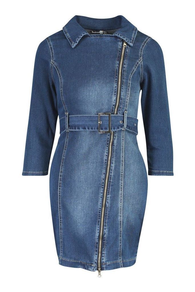 Womens Zip Detail Acid Belted Denim Dress - blue - 12, Blue
