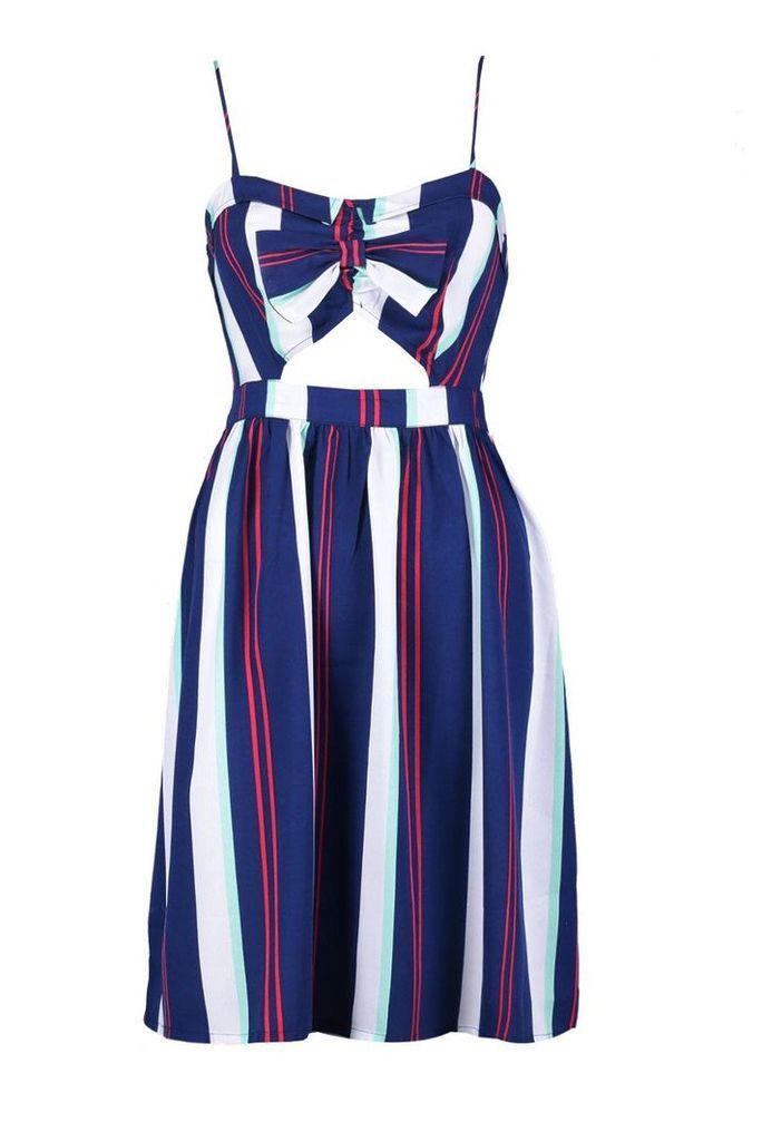 Womens Petite Tie Front Stripe Woven Skater Dress - navy - 8, Navy