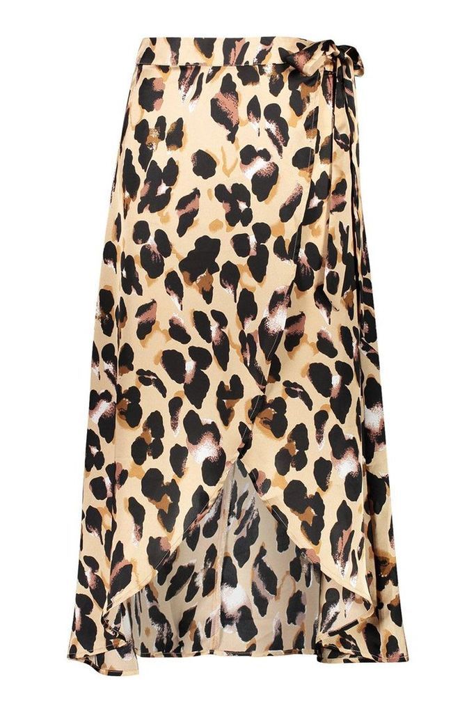 Womens Leopard Satin Wrap Midaxi Skirt - Brown - 16, Brown