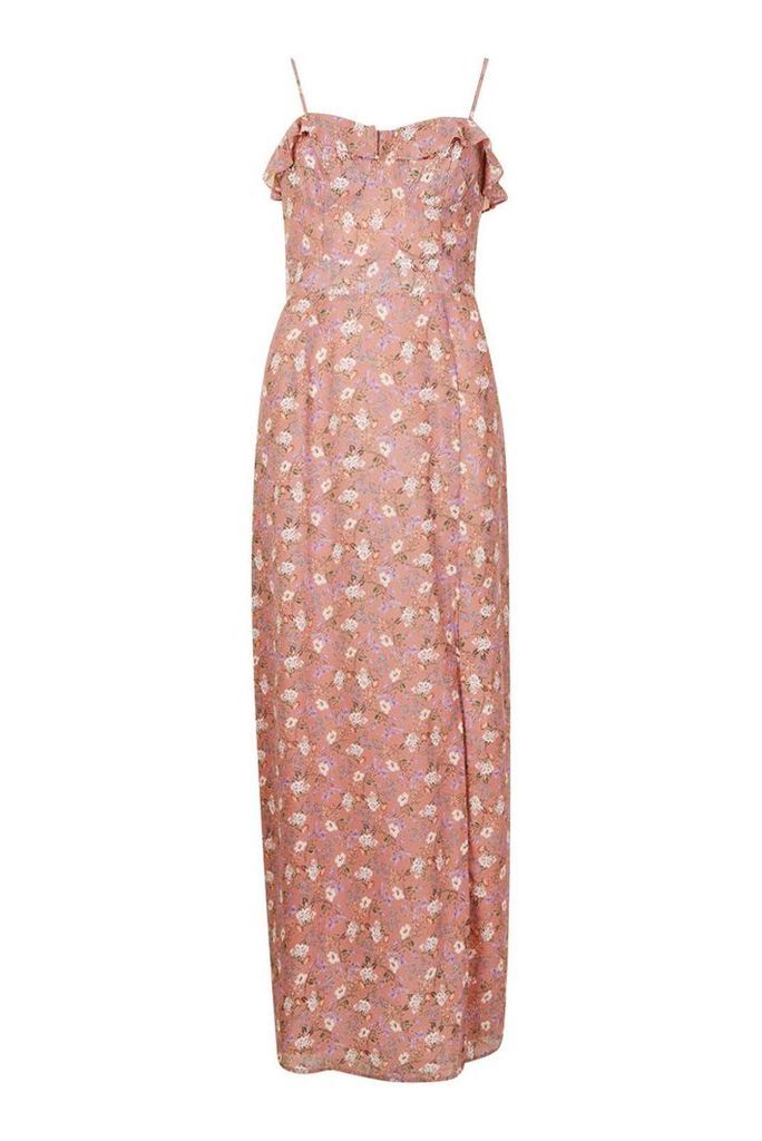 Womens Floral Print Ruffle Detail Maxi Dress - pink - 14, Pink