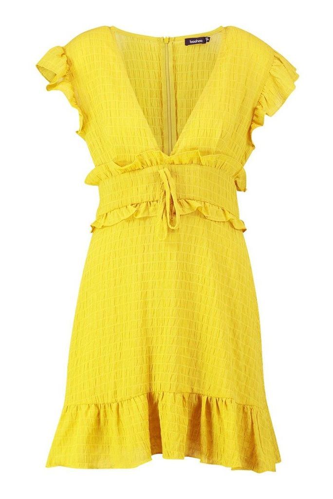 Womens Crinkle Fabric Ruffle Detail Plunge Shift Dress - yellow - 16, Yellow