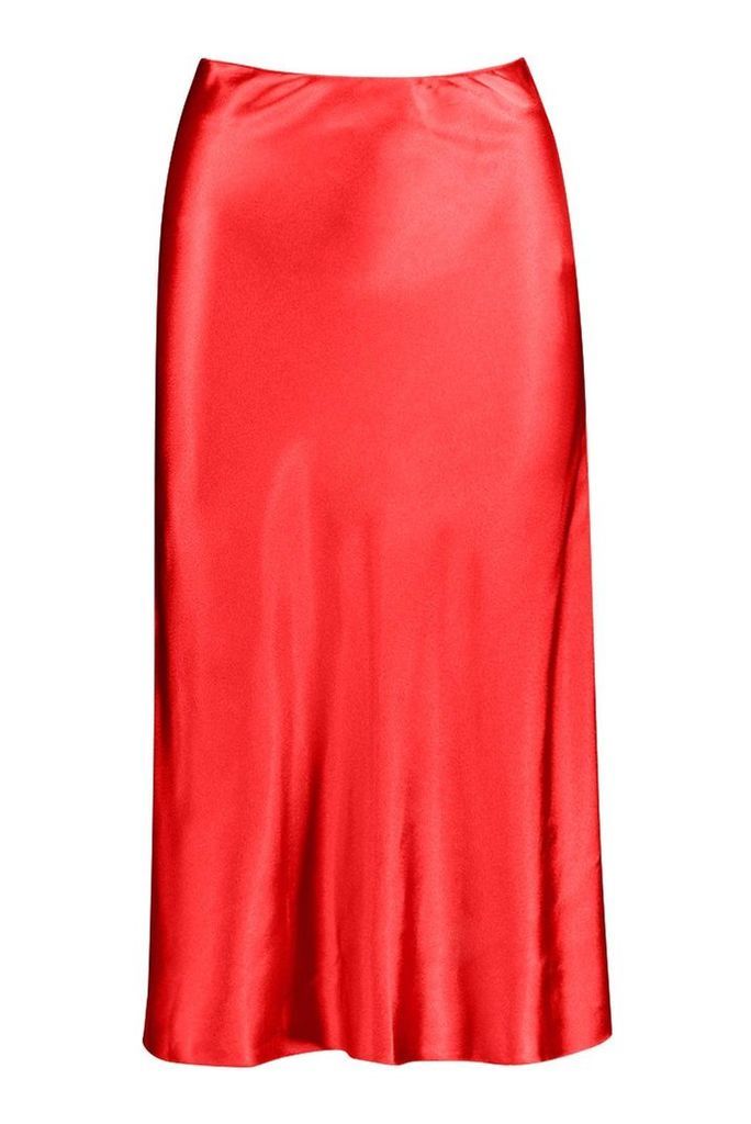 Womens Satin Bias Cut Slip Midi Skirt - Red - 12, Red