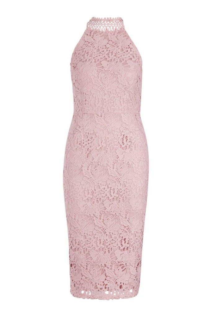 Womens Premium Lace High Neck Midi Dress - Pink - 12, Pink
