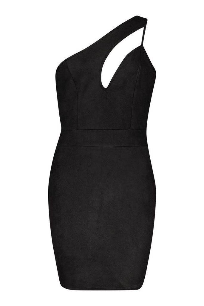 Womens One Shoulder Suedette Cut Out Bodycon Dress - black - 14, Black