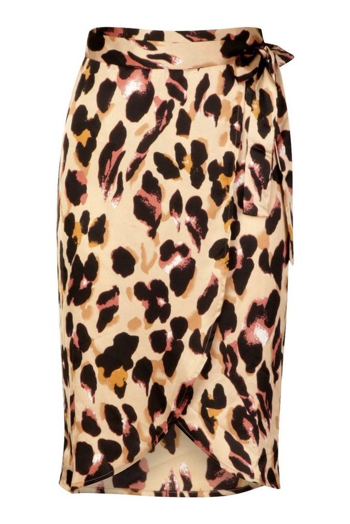Womens Leopard Print Satin Wrap Midi Skirt - Brown - 10, Brown