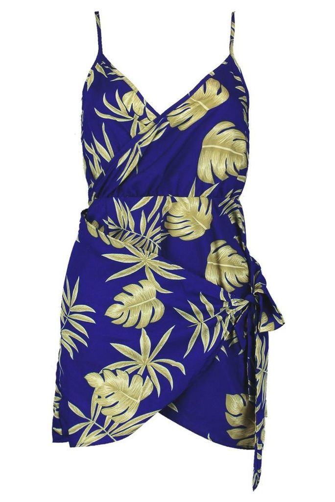 Womens Petite Palm Print Strappy Wrap Shift Dress - blue - 14, Blue
