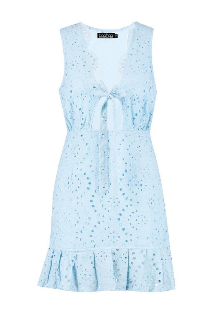 Womens Broderie Anglais Ruffle Hem Mini Dress - blue - 10, Blue