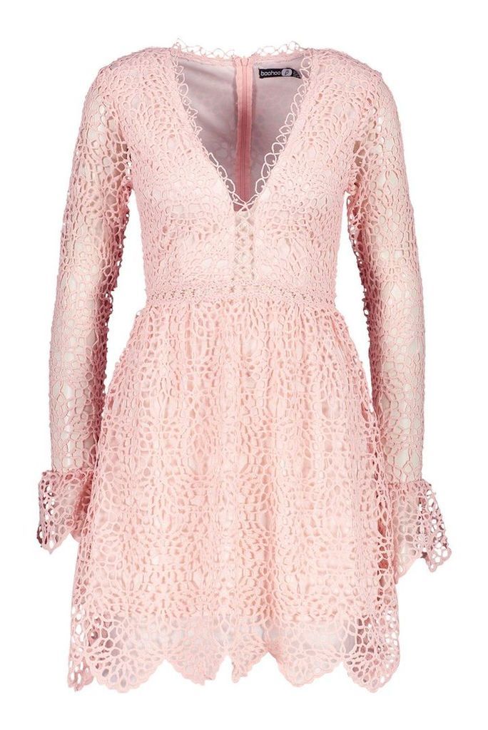 Womens Premium Lace Flared Sleeve Skater Dress - pink - 14, Pink