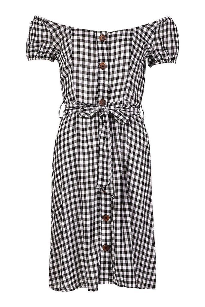 Womens Gingham Midi Button Front Shift Dress - XS, Gingham
