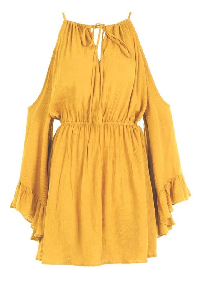 Womens Cold Shoulder Angel Sleeve Shift Dress - yellow - 8, Yellow