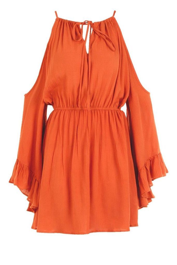 Womens Cold Shoulder Angel Sleeve Shift Dress - orange - 8, Orange