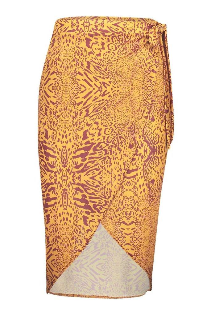 Womens Animal Print Wrap Midi Skirt - orange - 8, Orange