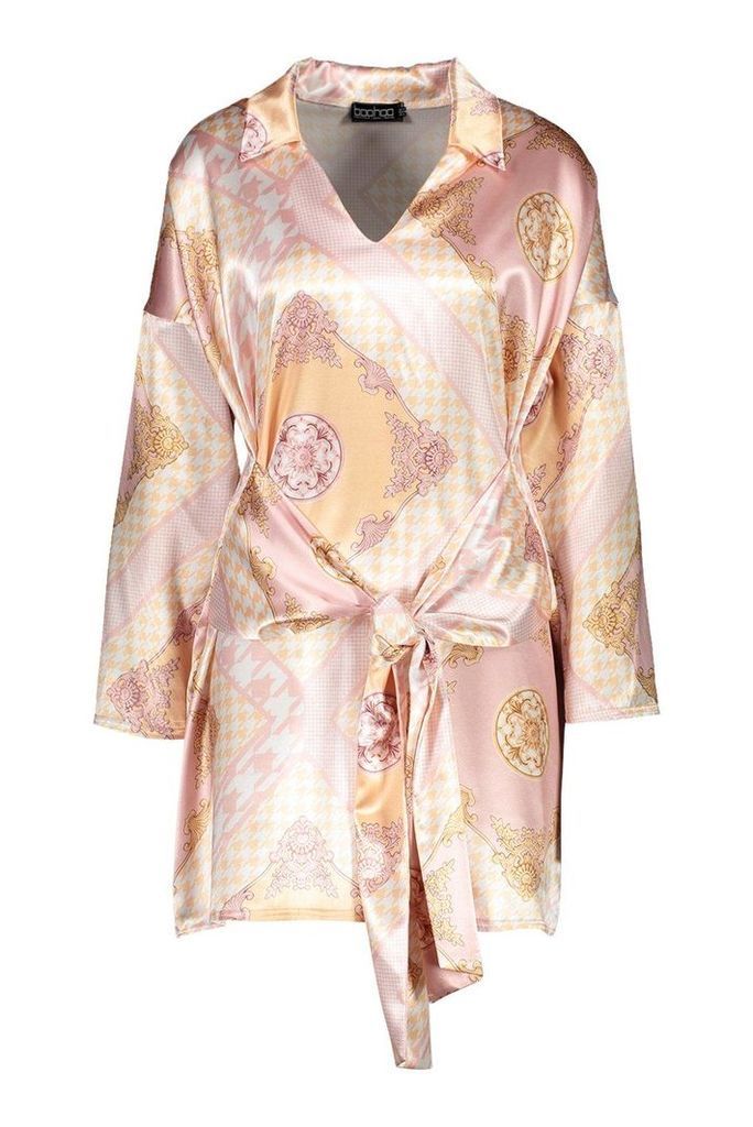 Womens Satin Scarf Print Tie Front Shirt Dress - Pink - 10, Pink