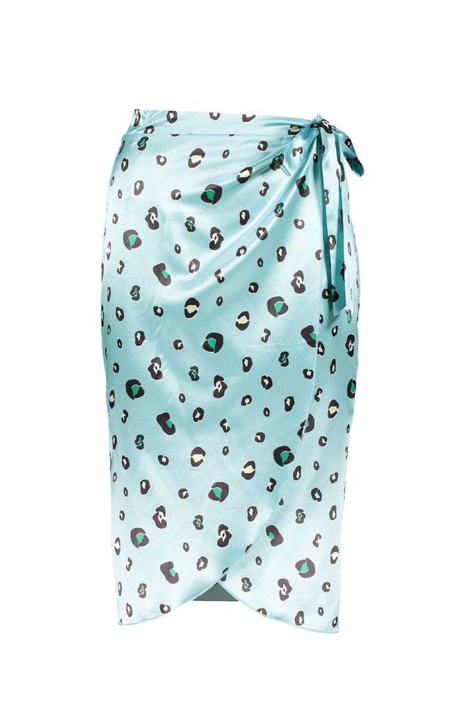 Womens Satin Leopard Print Wrap Skirt - blue - 12, Blue