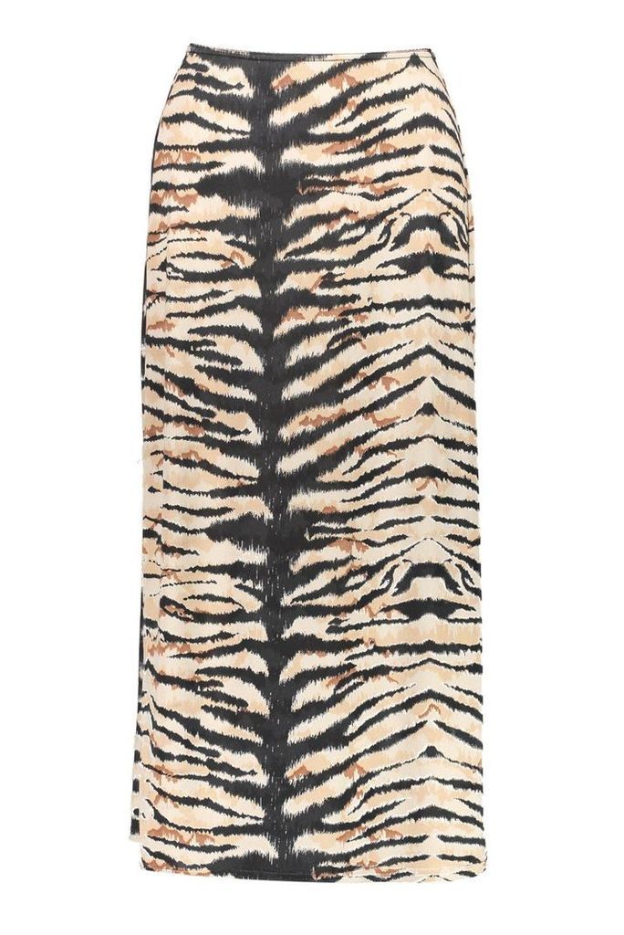 Womens Tiger Print Slinky Bias Cut Midi Skirt - brown - 6, Brown