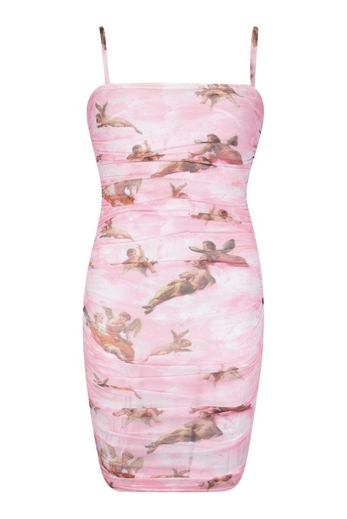 Womens Ruched Mesh Cherrub Print Mini Dress - Pink - 22, Pink