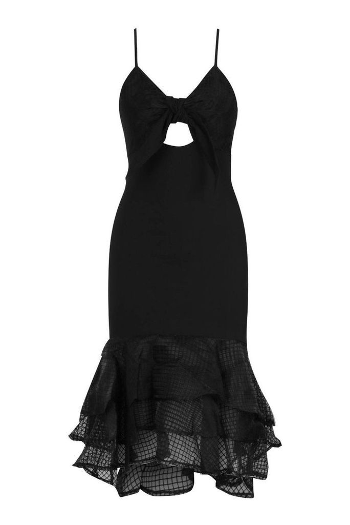 Womens Bow Detail Frill Hem Strappy Midi Dress - black - S, Black