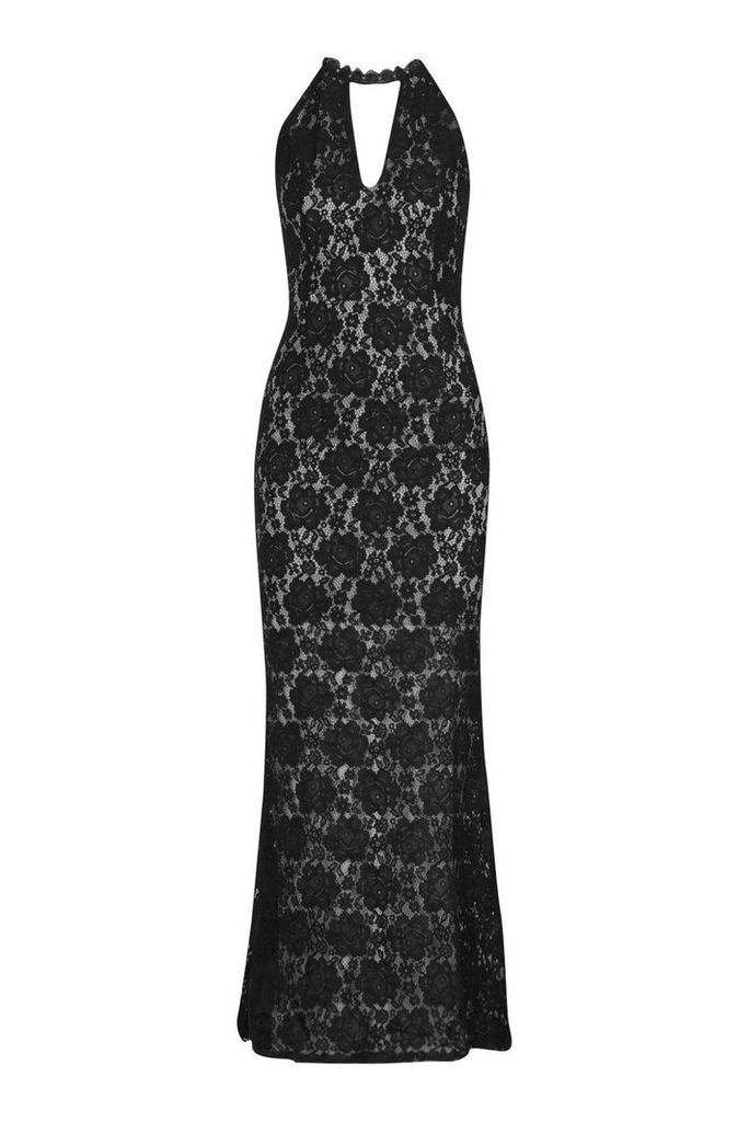 Womens Lace Choker Plunge Maxi Dress - black - L, Black