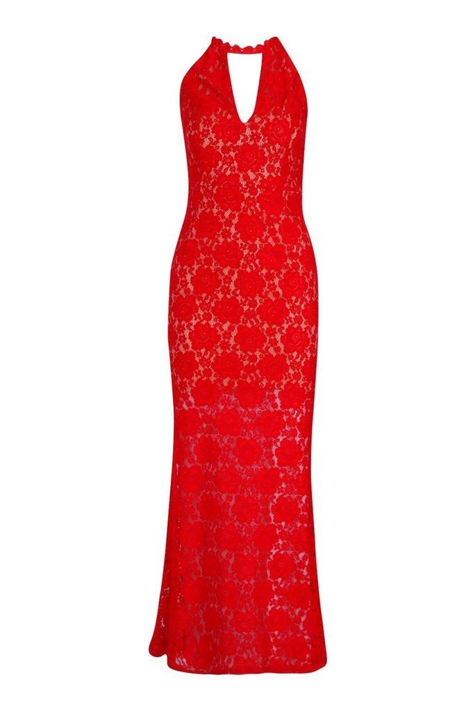 Womens Lace Choker Plunge Maxi Dress - red - S, Red