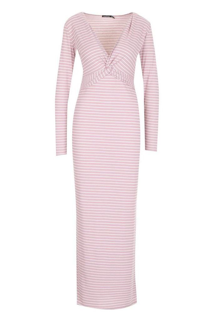 Womens Rib Plunge Knot Front Stripe Maxi Dress - Pink - 12, Pink
