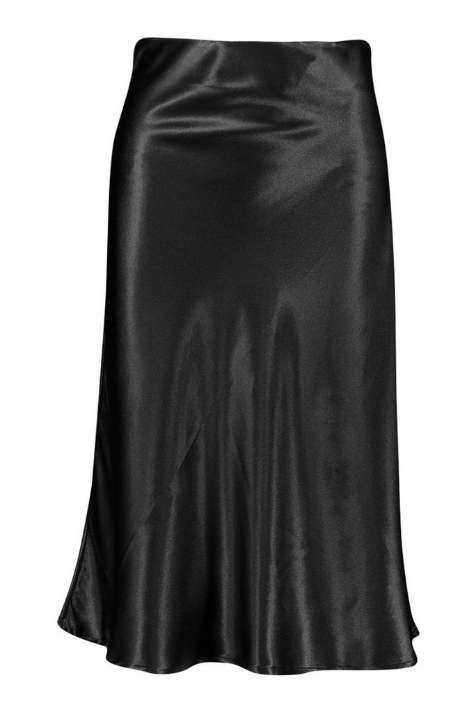 Womens Bias Satin Slip Midi Skirt - Black - 14, Black