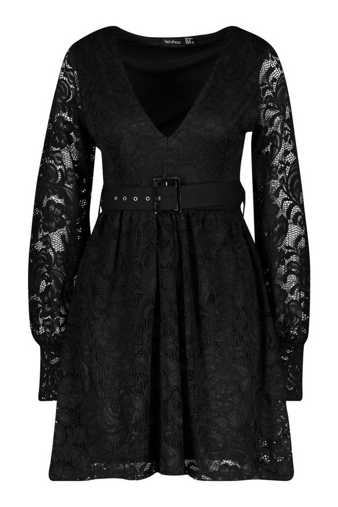 Womens Belted Plunge Lace Skater Dress - black - 10, Black