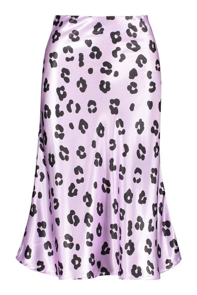 Womens Pastel Leopard Bias Satin Midi Skirt - purple - 12, Purple