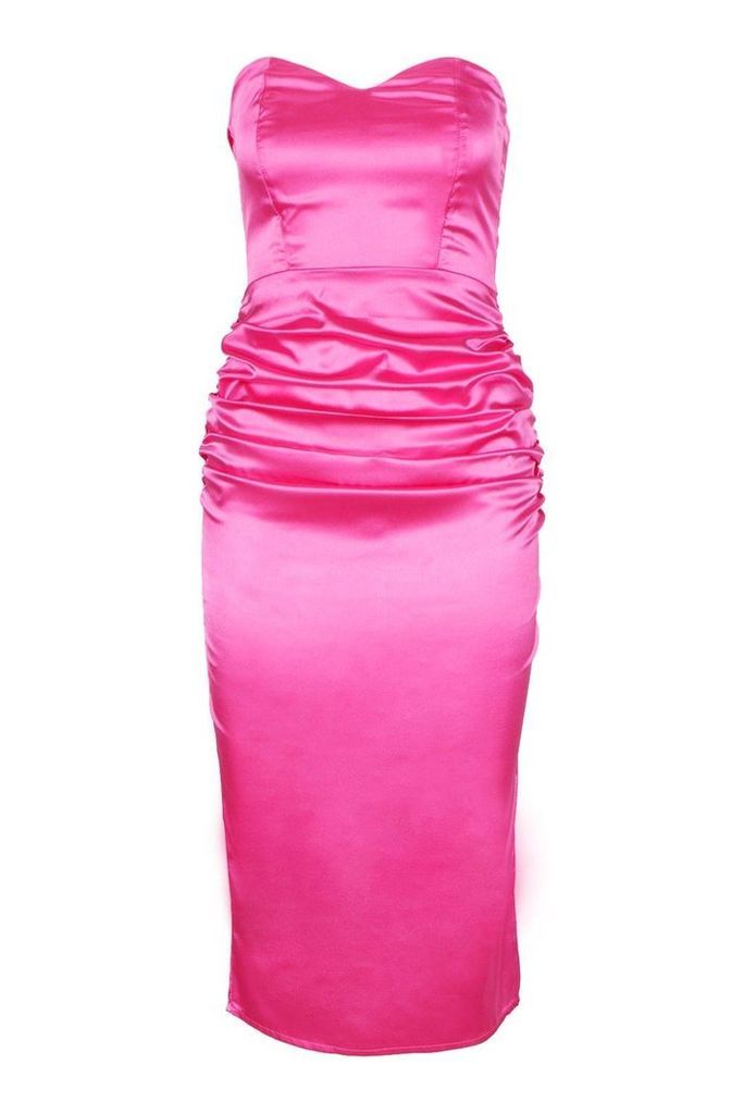 Womens Satin Ruched Bandeau Midi Dress - Pink - 12, Pink