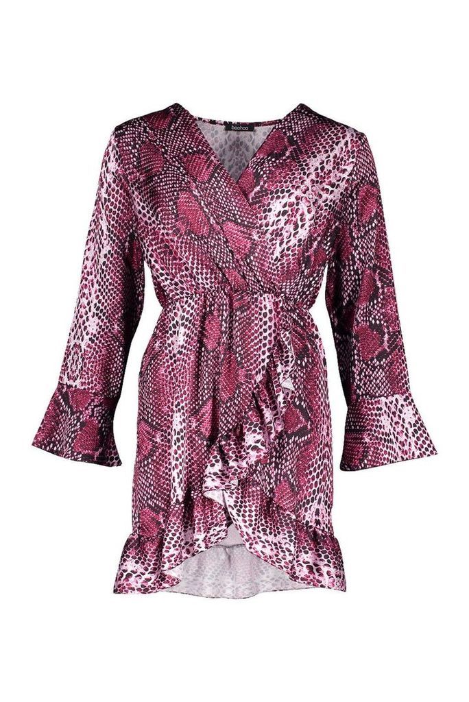 Womens Satin Snake Ruffle Tea Dress - purple - S, Purple