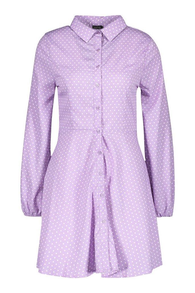 Womens Woven Button Through Polka Dot Shirt Dress - purple - 10, Purple