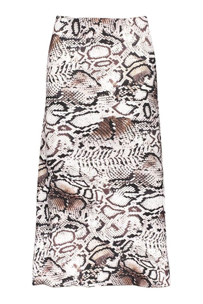 Womens Bias Cut Snake Print Midi Skirt - white - 14, White