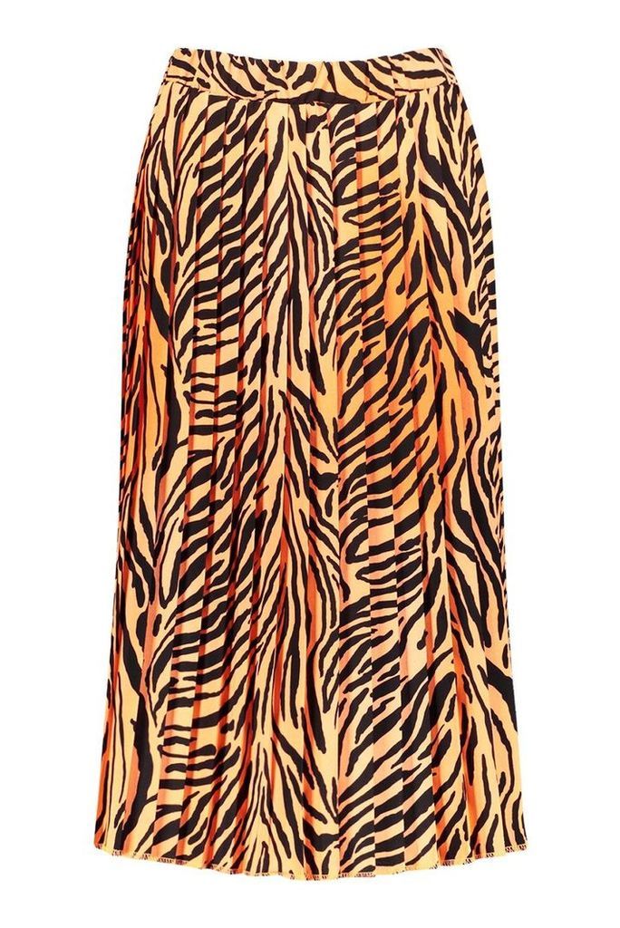 Womens Zebra Ombre Pleated Midi Skirt - orange - 6, Orange