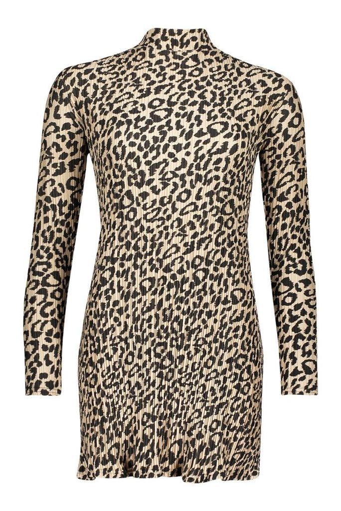 Womens Leopard Crinkle High Neck Shift Dress - cream - 12, Cream