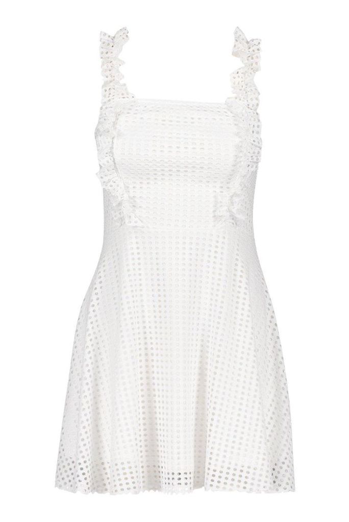 Womens Crochet Ruffle Detail Skater Dress - white - 16, White