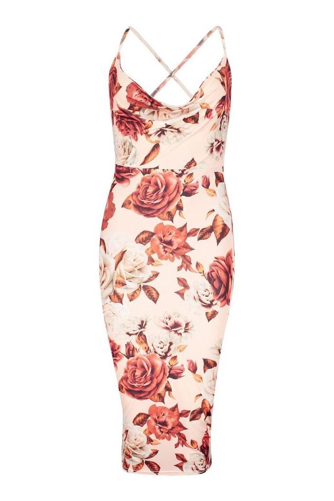 Womens Large Floral Cowl Neck Midi Dress - pink - 12, Pink