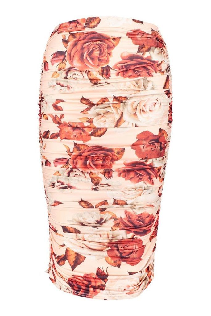 Womens Ruched Floral Midi Skirt - pink - 8, Pink